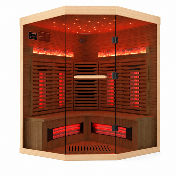 3-4 Person Corner Infrared Sauna- Luxury Home Sauna Spa Room with Himalayan Salt Therapy, Canadian Hemlock&Panoramic Tempered Glass,220V