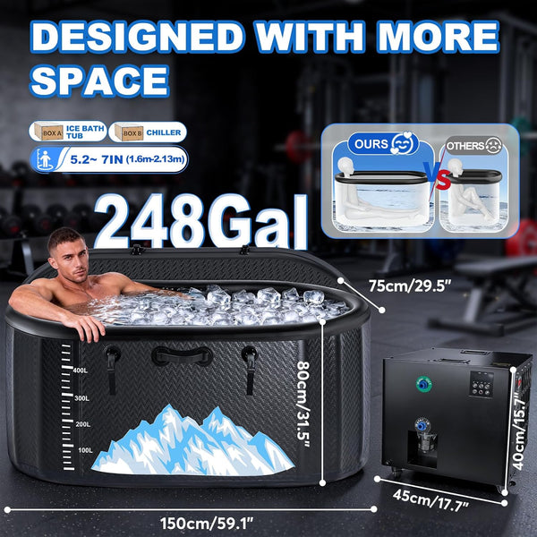 Cold Plunge Tub Designed for Home Recovery, 248 Gallon Capacity, 1HP Dual-System Chiller, WiFi Control