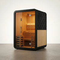 1-2 Person Outdoor Traditional Steam Sauna, Weatherproof Square Sauna Cabin with Black Trim, Natural Spruce Wood Sauna Room, LED Strip & Panoramic Glass Door, for Backyard Garden Home Spa, Relaxation — Studio Shot