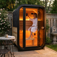 1-2 Person Outdoor Traditional Steam Sauna, Weatherproof Square Sauna Cabin with Black Trim, Natural Spruce Wood Sauna Room, LED Strip & Panoramic Glass Door, for Backyard Garden Home Spa, Relaxation — Lifestyle