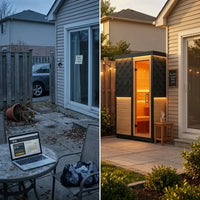 1-2 Person Outdoor Traditional Steam Sauna, Weatherproof Square Sauna Cabin with Black Trim, Natural Spruce Wood Sauna Room, LED Strip & Panoramic Glass Door, for Backyard Garden Home Spa, Relaxation — Before & After