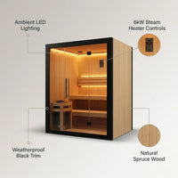 Traditional Steam Sauna Built for Outdoor Use, Natural Pine Wood, 6kW Heater, LED Lighting, Glass Door — infographic