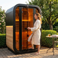 Traditional Steam Sauna Built for Outdoor Use, Natural Pine Wood, 6kW Heater, LED Lighting, Glass Door — Lifestyle