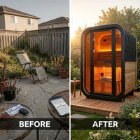 Traditional Steam Sauna Built for Outdoor Use, Natural Pine Wood, 6kW Heater, LED Lighting, Glass Door — Before & After
